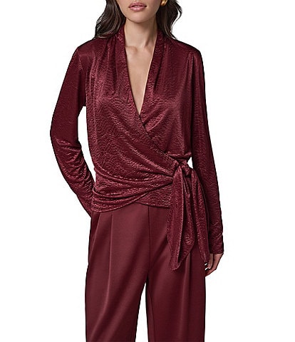 Donna Karan Solid Crinkle Knit Draped Surplice V-Neck Long Sleeve Side Tie Hem Top