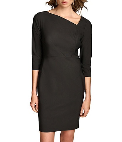 Donna Karan Solid Double Knit Asymmetrical Neck 3/4 Sleeves Sheath Dress