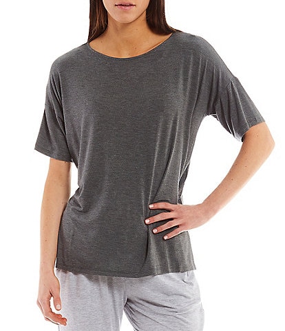 Donna Karan Solid Drop Shoulder Short Sleeve Round Neck Shirt