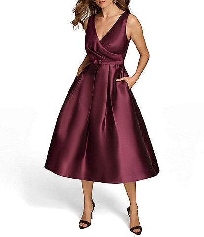 Donna Karan Solid Twill Satin Surplice V-Neck Sleeveless A-Line Midi Dress