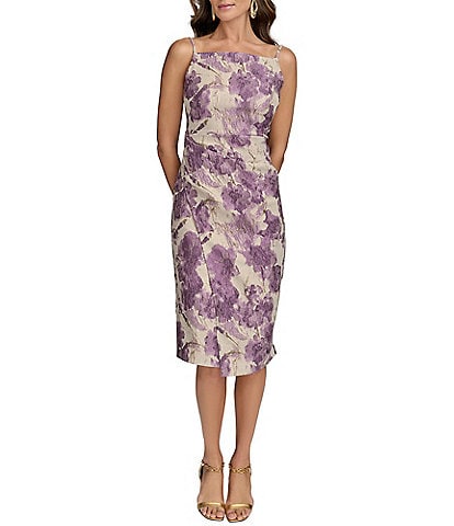 Donna Karan Square Neck Brocade Sleeveless Sheath Midi Dress