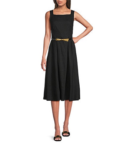 Donna Karan Square Neck Sleeveless A-Line Belted Midi Dress
