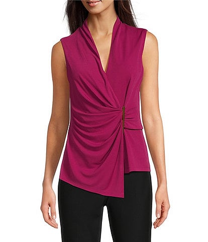 Donna Karan Stretch Surplice V Neckline Sleeveless Faux Wrap Blouse