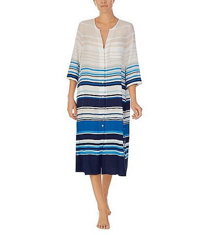 Donna Karan Striped Print 3/4 Sleeve Split V-Neck Button Front Knit Nightshirt
