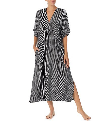 Donna Karan Striped Print Short Sleeve V-Neck Long Knit Sleepshirt
