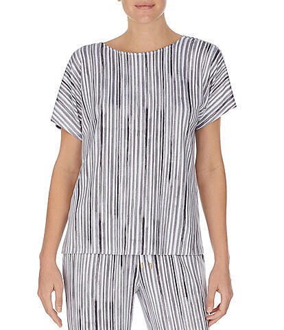Donna Karan Striped Round Neck Short Sleeve Coordinating Pajama Sleep Top