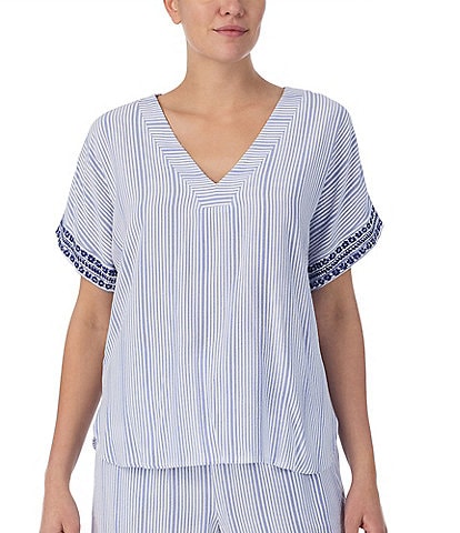 Donna Karan Striped Short Sleeve V-Neck Seersucker Coordinating Sleep Top