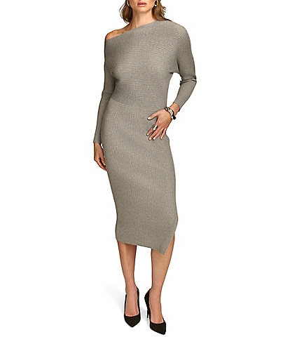 Donna Karan Sweater Knit Asymmetrical Neck Long Sleeve Sheath Dress