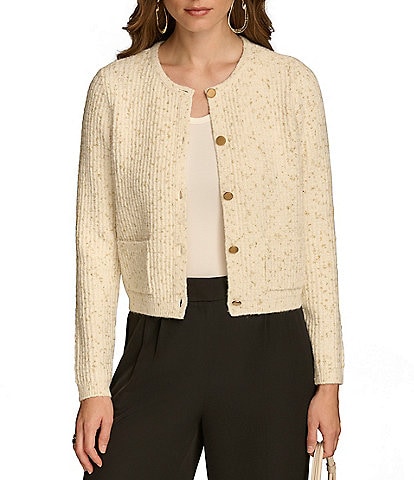 Donna Karan Sweater Knit Gold-Button Front Lady Jacket