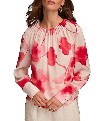 Donna Karan Texture Georgette Floral Crew Neck Long Sleeve Blouse