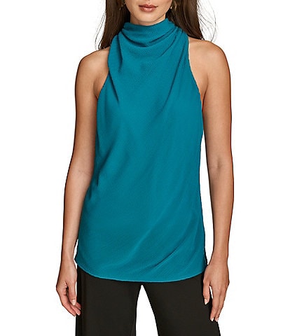 Donna Karan Textured Chiffon Sleeveless High Cowl Neck Top