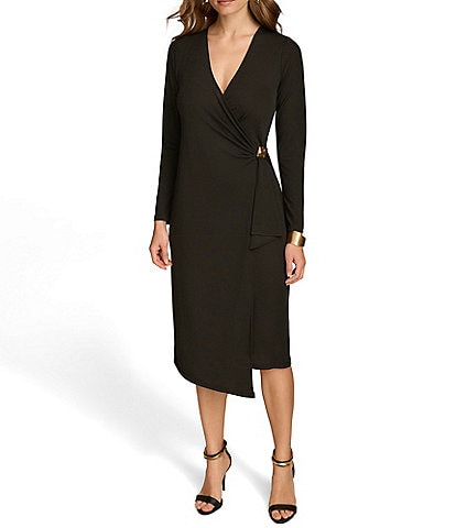 Donna Karan Textured Long Sleeve Hardware Faux Wrap Dress