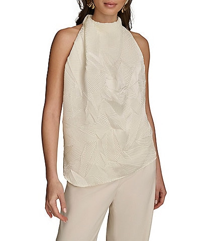 Donna Karan Textured Mock Neck Sleeveless Angled Hem Top