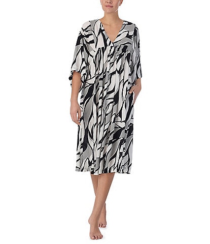 Donna Karan Tropical Print Half Sleeve V Neck Woven Sleepshirt