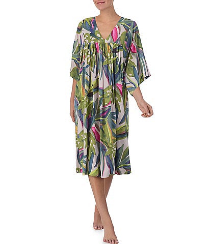 Donna Karan Tropical Print Shirred 3/4 Sleeve V-Neck Woven Sleepshirt