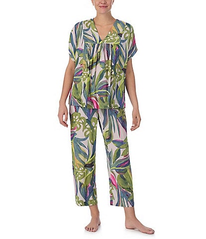Donna Karan Tropical Printed Dolman Sleeve V-Neck Woven Cropped Pajama Set