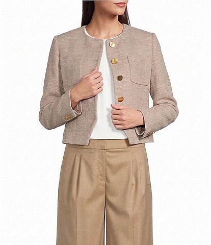 Donna Karan Tweed Button Front Cropped Blazer