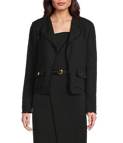 Donna Karan Tweed Notch Collar Long Sleeve Open Front Jacket