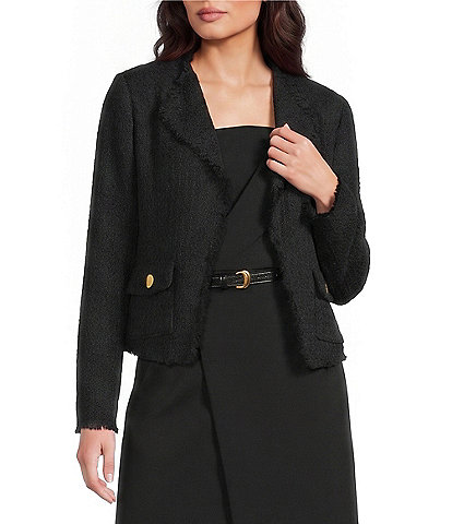 Donna Karan Tweed Notch Collar Long Sleeve Open Front Jacket