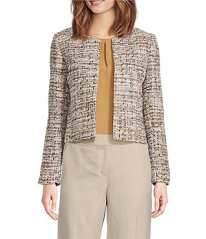 Donna Karan Tweed Round Neck Open Front Jacket