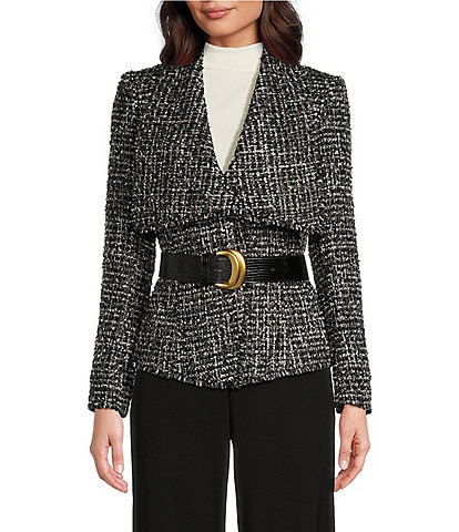 Donna Karan Tweed Wide Lapel Belted Jacket