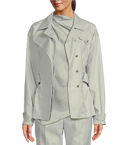 Donna Karan Twill Notch Lapel Belted Chest Pocket Long Sleeve Jacket