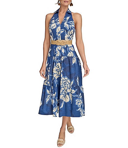 Donna Karan V-Neck Belted A-Line Midi Dress