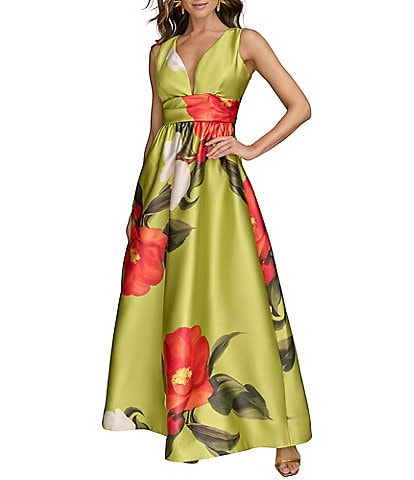 Donna Karan V-Neck Floral Print A-Line Dress