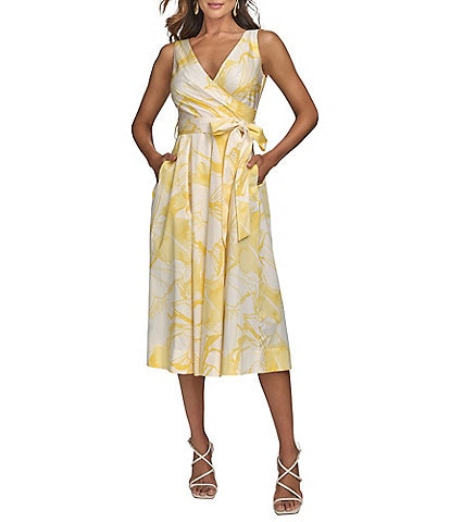 Donna Karan V-Neck Floral Print Cotton Sateen A-Line Dress