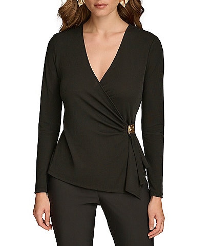 Donna Karan V-Neck Long Sleeve Faux Wrap Hardware Top