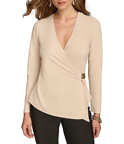 Donna Karan V-Neck Long Sleeve Faux Wrap Hardware Top