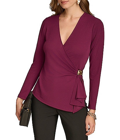 Donna Karan V-Neck Long Sleeve Faux Wrap Hardware Top