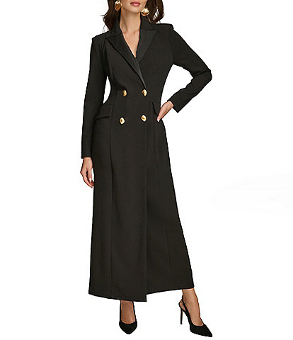 Donna Karan V-Neck Long Sleeve Side Slit Crepe and Satin Long Jacket Dress