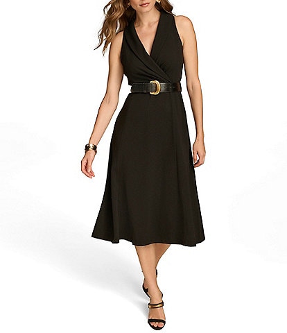 Donna Karan V-Neck Sleeveless Belted A-Line Cady Crepe Midi Dress