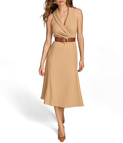 Donna Karan V-Neck Sleeveless Belted A-Line Cady Crepe Midi Dress