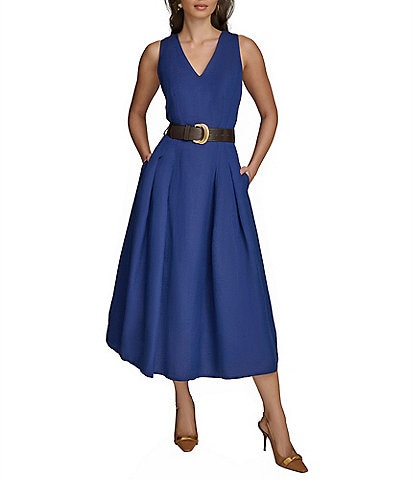 Donna Karan V-Neck Sleeveless Belted Linen A-Line Midi Dress