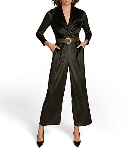 Donna Karan Velvet V-Neck Long Sleeves Wide Leg Buckle Belt Jumpsuit