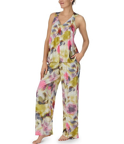 Donna Karan Watercolor Floral Print V Neck Sleeveless Woven Pant Pajama Set