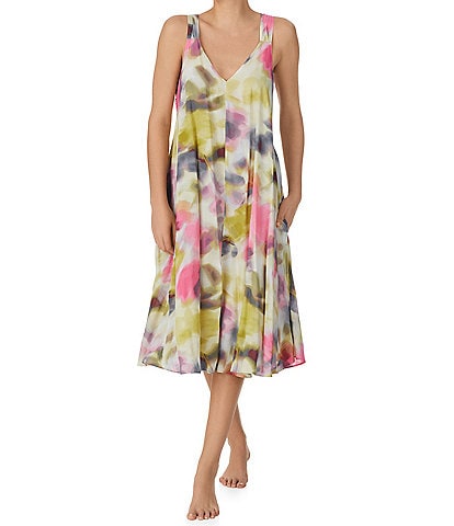 Donna Karan Watercolor Woven Floral Print Sleeveless V-Neck Side Pocket Midi Nightgown