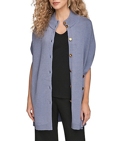 Donna Karan Wool Blend Button Front Mock Neck Capelet