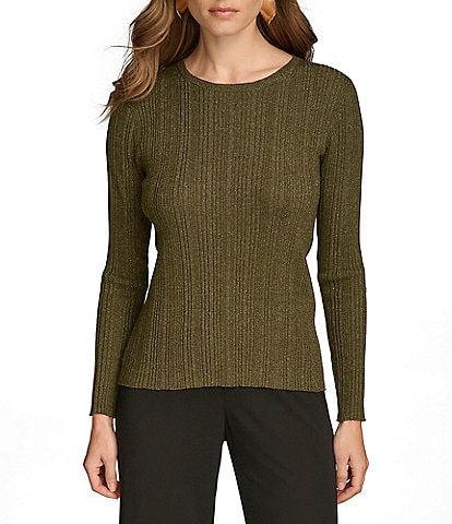 Donna Karan Wool Blend Multi Ribbed Crew Neck Long Sleeve Top