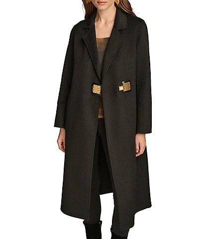 Donna Karan Wool Blend Notch Collar Long Sleeve Buckle Coat