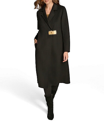 Donna Karan Wool Blend Notch Collar Long Sleeve Buckle Coat