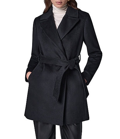 Donna Karan Wool Twin Blend Notch Collar Belted Wrap Coat