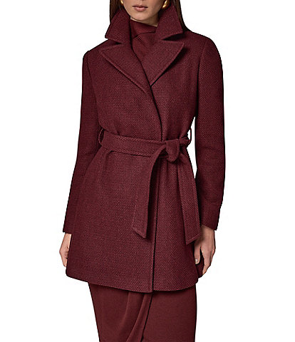 Donna Karan Wool Twin Blend Notch Collar Belted Wrap Coat