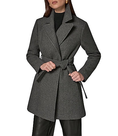 Donna Karan Wool Twin Blend Notch Collar Belted Wrap Coat