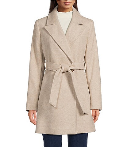 Donna Karan Wool Twin Blend Notch Collar Belted Wrap Coat