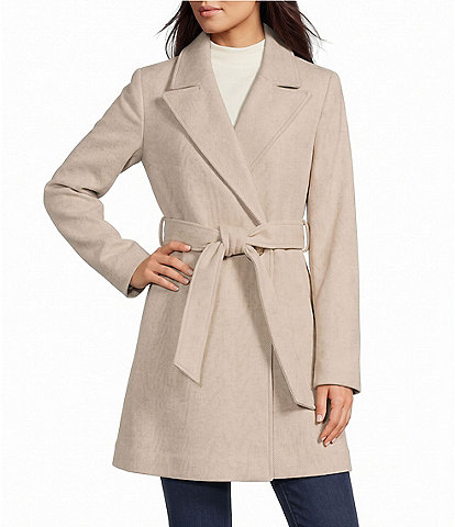 Donna Karan Wool Twin Blend Notch Collar Belted Wrap Coat