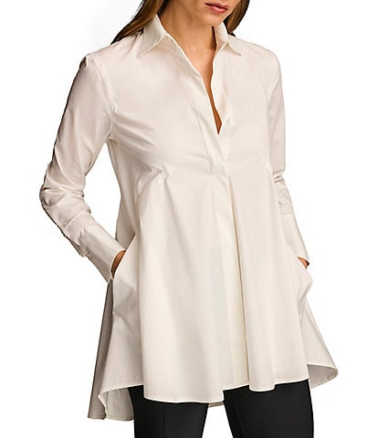 Donna Karan Woven Button Front Collared Long Sleeve High-Low A-line Tunic