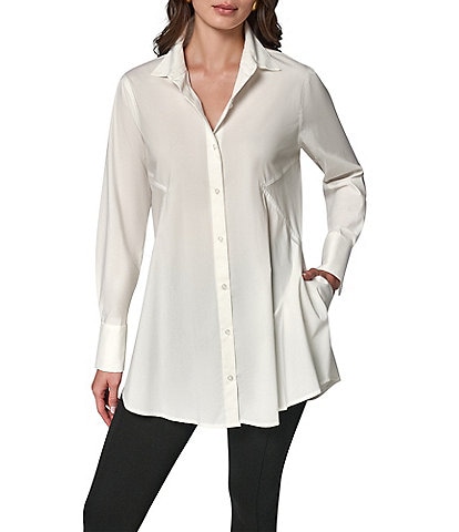 Donna Karan Woven Button Front Collared Long Sleeve High-Low A-line Tunic